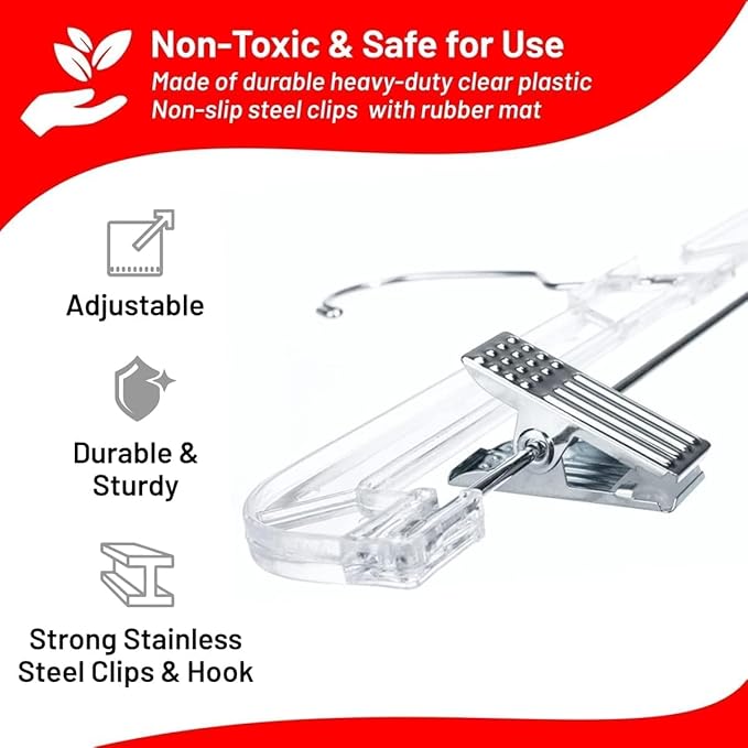 DEILSY™ Skirt Hangers 100 Pack Pants Hangers Shorts Clear Plastic Clothes with Adjustable Clip Non-Slip Clothes Clip Perfect for Pant, Pack of 100