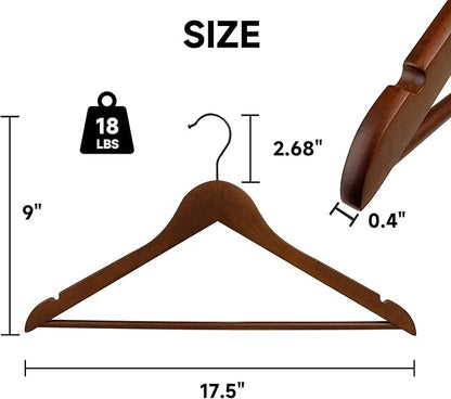 Quality Wooden Clothes Hangers, Solid Wood Suit & Coat Hangers with Pants Bars, Swivel Hook, Shoulder Notches, Heavy Duty Hangers for Shirts, Jackets, Dresses & Trousers(Walnut/108-Pack)