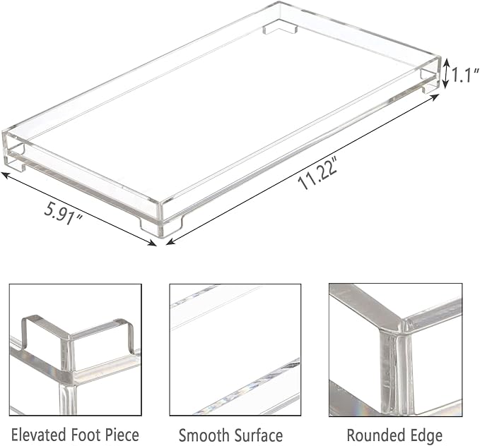 Vanity Bathroom Tray, Acrylic Rectangle Decorative Catchall Organizer Storage Tray (Large-Clear)