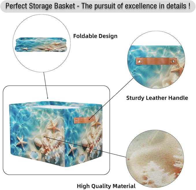 AUUXVA Storage Basket Tropical Sea Beach Starfish Seashell Storage Cube Box Durable Canvas Collapsible Toy Basket Organizer Bin with Handles for Shelf Closet Bedroom Home Office