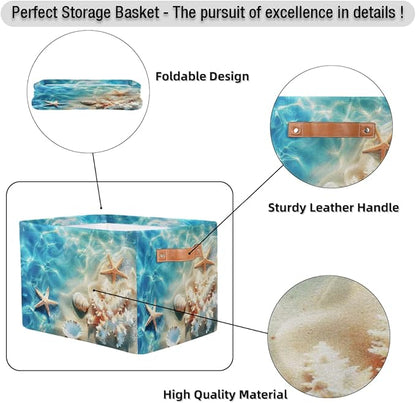 AUUXVA Storage Basket Tropical Sea Beach Starfish Seashell Storage Cube Box Durable Canvas Collapsible Toy Basket Organizer Bin with Handles for Shelf Closet Bedroom Home Office
