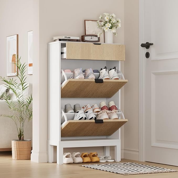 IDEALHOUSE Shoe Storage Cabinet with 2 Flip Drawers, Farmhouse Fluted Shoe Organizer with Metal Legs, Freestanding Hidden Slim Narrow Shoe Rack for Entryway, Foyer, Hallway