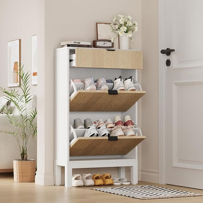 IDEALHOUSE Shoe Storage Cabinet with 2 Flip Drawers, Farmhouse Fluted Shoe Organizer with Metal Legs, Freestanding Hidden Slim Narrow Shoe Rack for Entryway, Foyer, Hallway