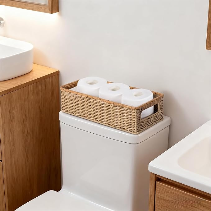 Rectangular Toilet Paper Baskets, 16 ¼"L x 6 ¾"W x 4 ½"H Nesting Plastic Wicker Basket with Built-in Handles, Woven Long Narrow Baskets for Pantry Bathroom Toilet Tank Top Countertop, 2 Pack