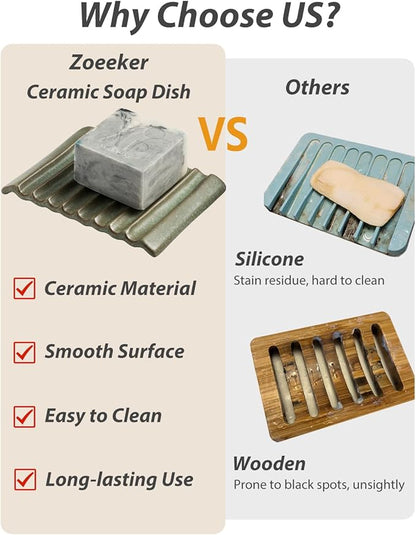 Zoeeker Soap Dish, Ceramic Soap Holder Bar Soap Saver Non-Slip Bathroom Accessories for Sponges, Scrubber, Razor, Green