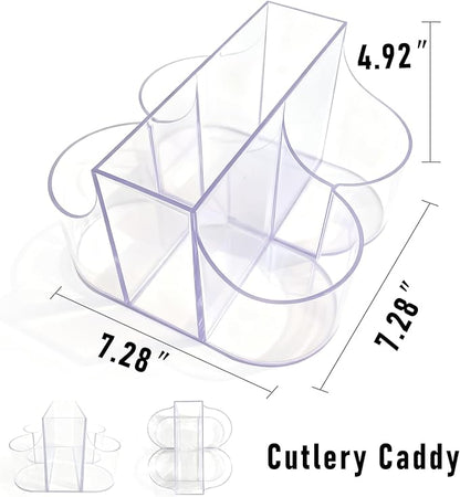 Cutlery Holder for Party - 5 Compartment Cutlery Organizer & Napkin Holder Silverware Caddy Clear with 120 Pcs Gold Plastic Spoons Disposable Forks Knives & Dinner Napkins for Party
