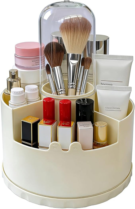 360 Rotating Makeup Organizer, Covered Makeup Brush Holder for Vanity, Make Up Brush Storage Box with Lid, Clear Dustproof Beauty Brushes Holder