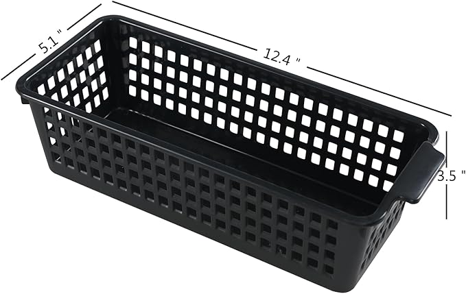4 Pcs Slim Plastic Storage Baskets Tray for Organizing, 12.4 x 5.1 x 3.5 Inch Small Storage Bins, Stackable Drawer Containers Trays Holder for Desk Garage Office (Black)