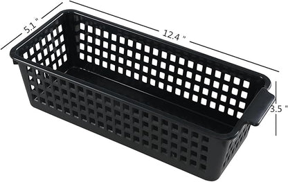 4 Pcs Slim Plastic Storage Baskets Tray for Organizing, 12.4 x 5.1 x 3.5 Inch Small Storage Bins, Stackable Drawer Containers Trays Holder for Desk Garage Office (Black)