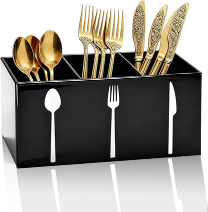 Acrylic Cutlery Storage Organizer Bin,3 Section Silverware Caddy with Spoon Fork Organizer, Clear Plastic Utensil Holder for Kitchen Countertop, Cabinet, Dining Room (Black)