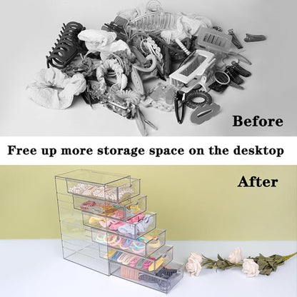 Clear Hair Accessories Organizer Box with 6 Layers, Acrylic Stackable Storage Drawers for Hair Ties, Claw Clips, Bow Holder for Girls, Vanity Makeup Organizer, Bathroom or Desk Countertop Container