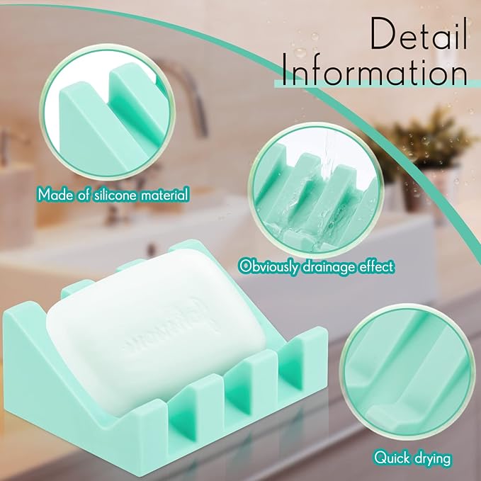 Cunhill 2 Pieces Silicone Soap Dish Self Draining Soap Dish Shower Waterfall Bar Soap Holder Tray with Drain Soap Saver for Kitchen Bathroom Accessories (Turquoise)