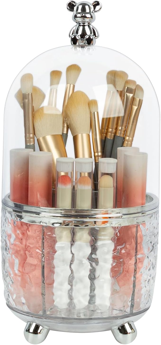 Dezzer Makeup Brush Holder with Lid, 360 Rotating Dustproof Make Up Organizers, 6 Slot Make up Brush Holder for Vanity Bathroom Countertop Office, Clear