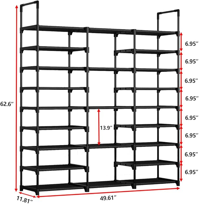 SUOERNUO Shoe Rack Storage Organizer Holds 50-55 Pairs Tall Shelf for Shoes Metal Freestanding Closet Black 9-Tier Non-Woven Dustproof