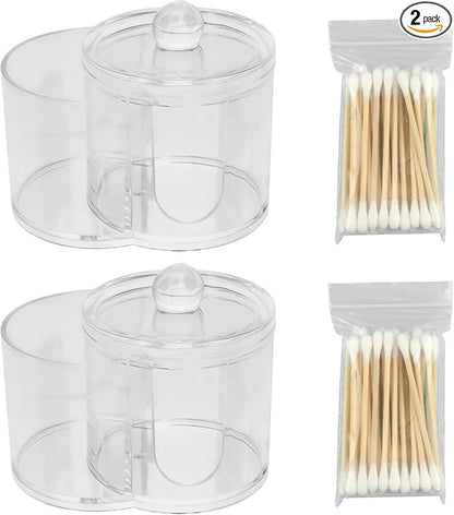 Q Tip Holder, 2-Grid Acrylic Cotton Swab & Cotton Pad Holder, 2 PCS Qtip Holder with Dustproof Lid for Bathroom,With 2 Pack of Qtips, Dressing Table Round Container