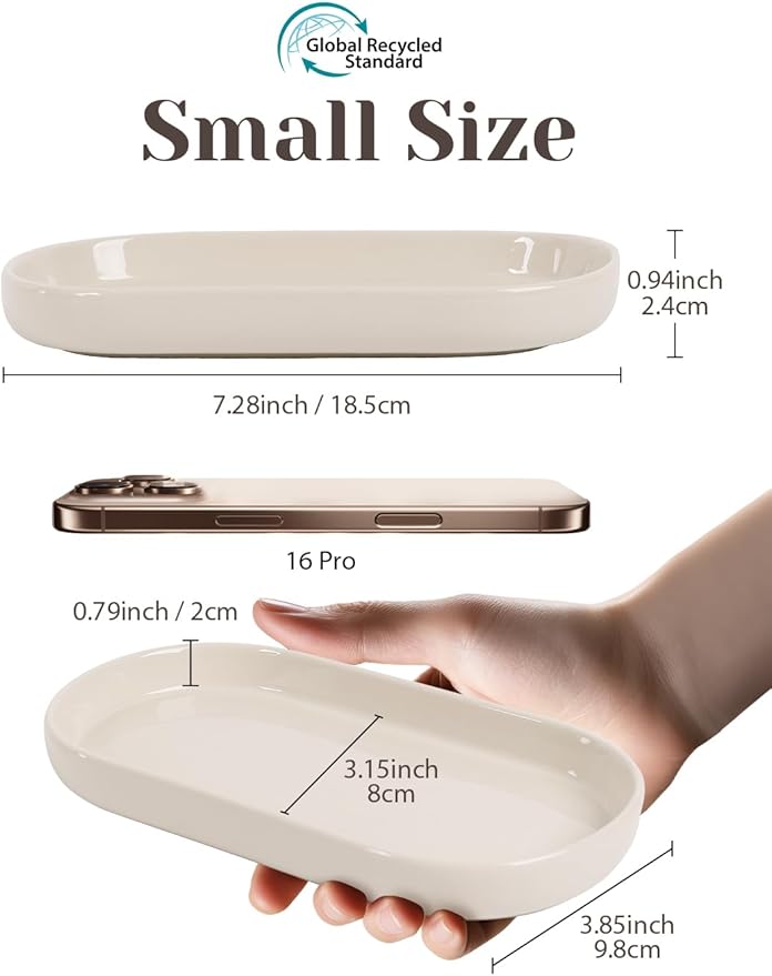 INGOFIN 7" Ceramic Bathroom Vanity Tray - Bathroom Organizer Countertop Tray for Perfume, Jewelry, Candles, Small Kitchen Counter Soap Tray, Decorative for Bathroom Vanity and Toilet Tank, Beige