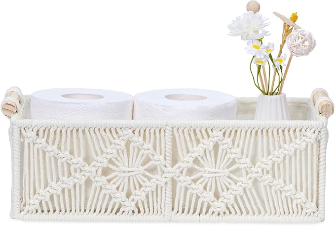 Nonam Macrame Storage Baskets, Boho Decor Style Woven Storage Boxes for Home Organization, Toilet Tank Shelf Cabinet Organizer Baskets,Set of 2- Warm White-X