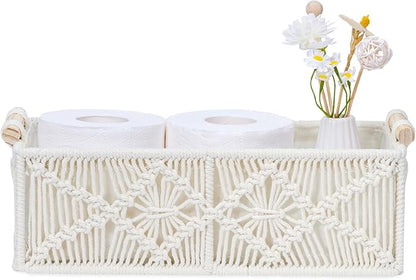 Nonam Macrame Storage Baskets, Boho Decor Style Woven Storage Boxes for Home Organization, Toilet Tank Shelf Cabinet Organizer Baskets,Set of 2- Warm White-X