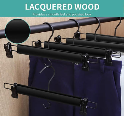Black Wooden Hangers for Pants and Skirts - 10 Pack, Premium Quality Noise Reduction Coated Hook, Durable Two-Way Sure Grip Clips, Closet Organization, Non-Slip & Space Saving