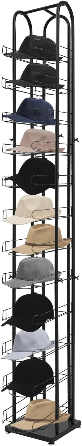 12-Tier Black Floor Standing Hat Rack, 78" Retail Hat Display Rack, Metal Cap Organizer Stand, Hats Display Stand for Baseball Caps Wigs Scarves Gloves for Home Clothing Store