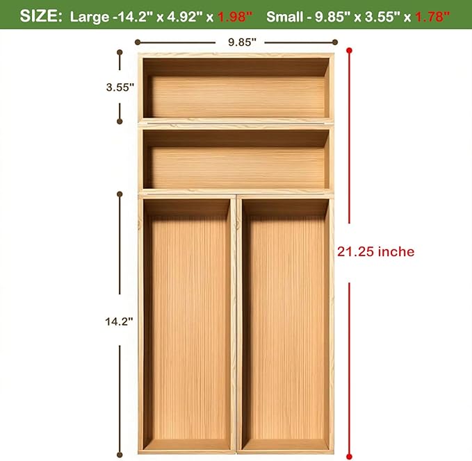 guiogc Bamboo Drawer Silverware Organizer, Flatware Organizer, Bamboo Storage Box for Office, Bathroom and other objects storage (large14.2 x5 x2 Small 9.85"x3.55"x1.78"- Set of 4)