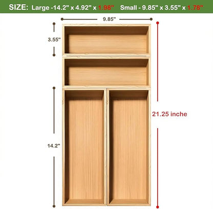 guiogc Bamboo Drawer Silverware Organizer, Flatware Organizer, Bamboo Storage Box for Office, Bathroom and other objects storage (large14.2 x5 x2 Small 9.85"x3.55"x1.78"- Set of 4)