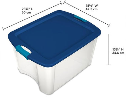 Sterilite 18 Gal Latch and Carry, Stackable Storage Bin with Latching Lid, Plastic Container to Organize Closets, Clear with Blue, 6-Pack