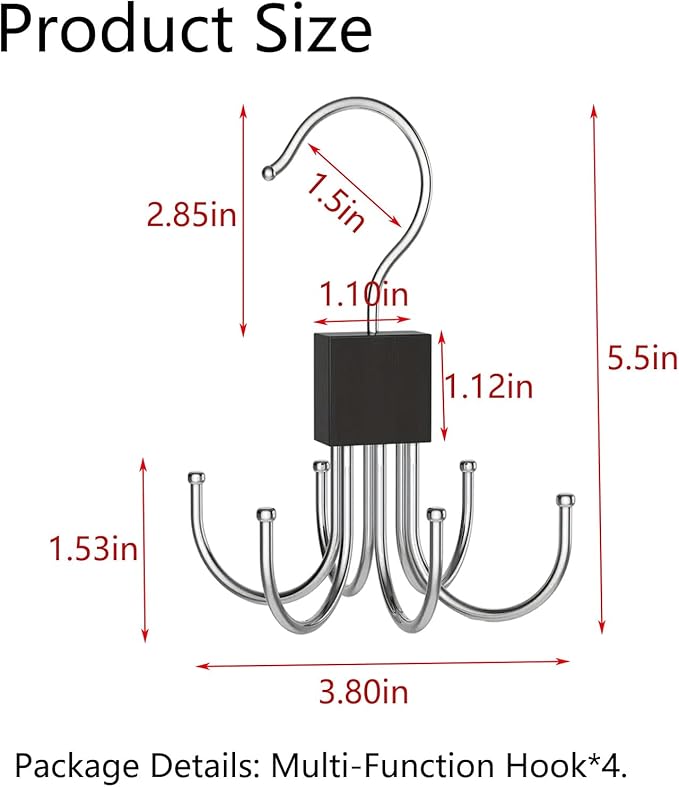 SODOI 4 Pack Multi-Functional Rotating Hook and Clothing Rack Saves Space in Your Closet, Suitable for Hats, Belts, Bags, Ties, and Vests