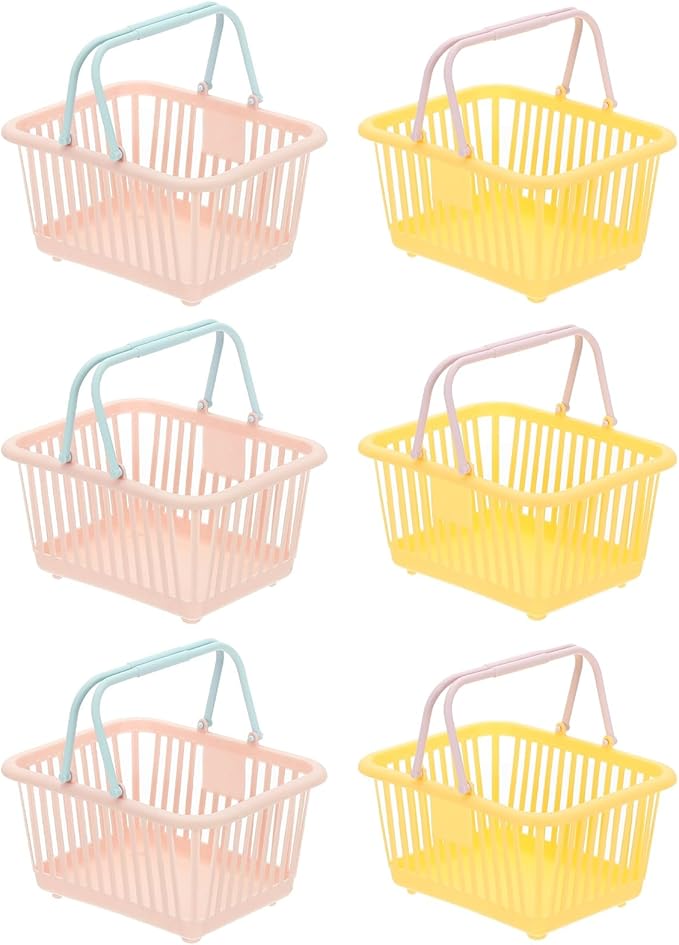 PATIKIL 6PCS Mini Shopping Basket, Small Plastic Basket Mini Storage Basket Grocery Tiny with Handles Organizer Filtered Water for Organizing Toys Eggs Fruits Snacks,Pink Yellow