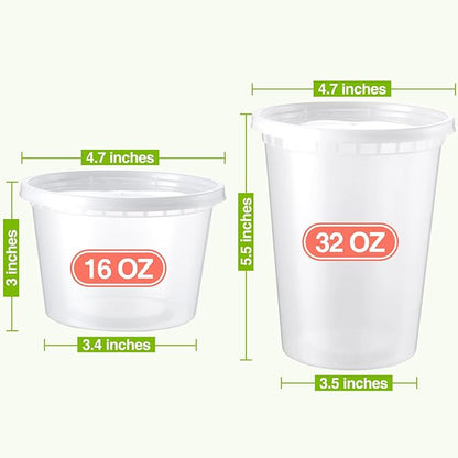 NEEBAKE 50 Set Deli Containers With Lids: [16oz 32oz] Combo Plastic Food Storage, Microwaveable & Freezer Safe To-Go, Leak-proof Meal-Prep