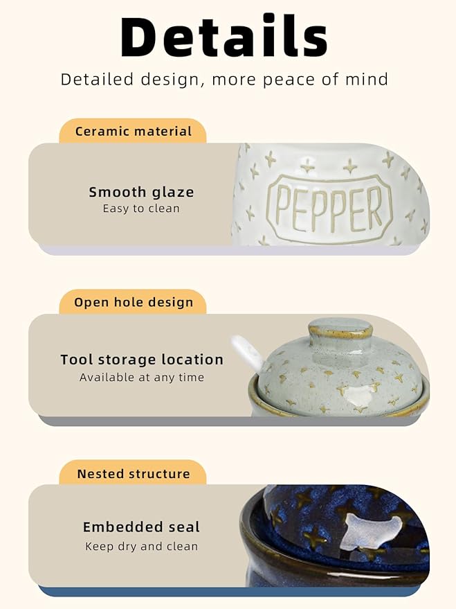 Salt & Pepper Bowl with Lid and Spoon, 10 OZ Ceramic Spices Cellar for Kitchen Counter top, Farmhouse Kitchen Decor (Vintage Blue, 4.3" Label Pepper)