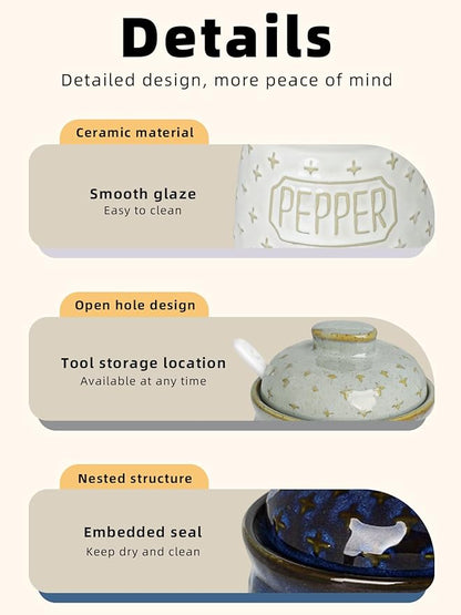 Salt & Pepper Bowl with Lid and Spoon, 10 OZ Ceramic Spices Cellar for Kitchen Counter top, Farmhouse Kitchen Decor (Vintage Blue, 4.3" Label Pepper)