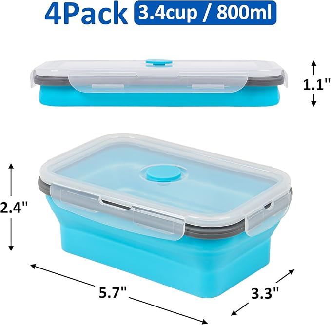 Collapsible Silicone Food Storage Containers Set with Lid & Air Vent,Foldable Lunch Containers(4PCS,Blue,27oz)