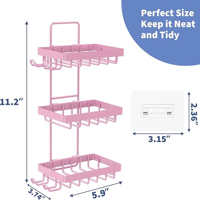 Moforoco 3 Tier Pink Soap Dish Holder for Shower Wall, No Drilling, 304 Stainless Steel, Soap Bar with 4 Hooks and Razor Holder for Shower, Shampoo Bar Holder for Girly Bathroom Accessory Decor