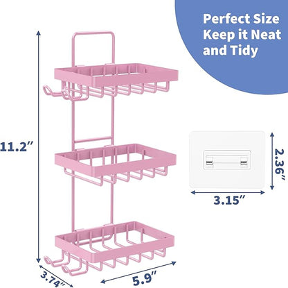 Moforoco 3 Tier Pink Soap Dish Holder for Shower Wall, No Drilling, 304 Stainless Steel, Soap Bar with 4 Hooks and Razor Holder for Shower, Shampoo Bar Holder for Girly Bathroom Accessory Decor