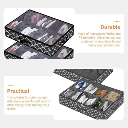 NUOBESTY Foldable Shoes Storage Box with Zipper and Window Large Capacity Non-woven Underbed Shoe Organizer Black Cross Pattern Reusable for Home Closet Storage