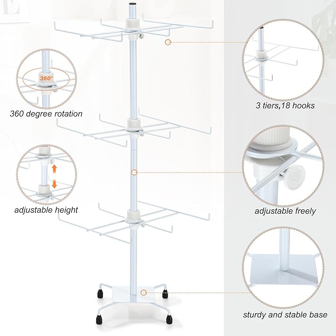RattanView 2 Pcs Jewelry Rotating Display Stand Adjustable Metal Earrings Bracelet Display Rack Hanging Jewelry Spinning Organizer Tree with Hooks for Vendor Events Selling(3 Tier,White)