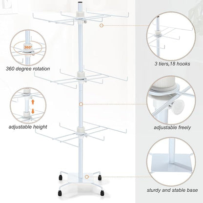 RattanView 2 Pcs Jewelry Rotating Display Stand Adjustable Metal Earrings Bracelet Display Rack Hanging Jewelry Spinning Organizer Tree with Hooks for Vendor Events Selling(3 Tier,White)
