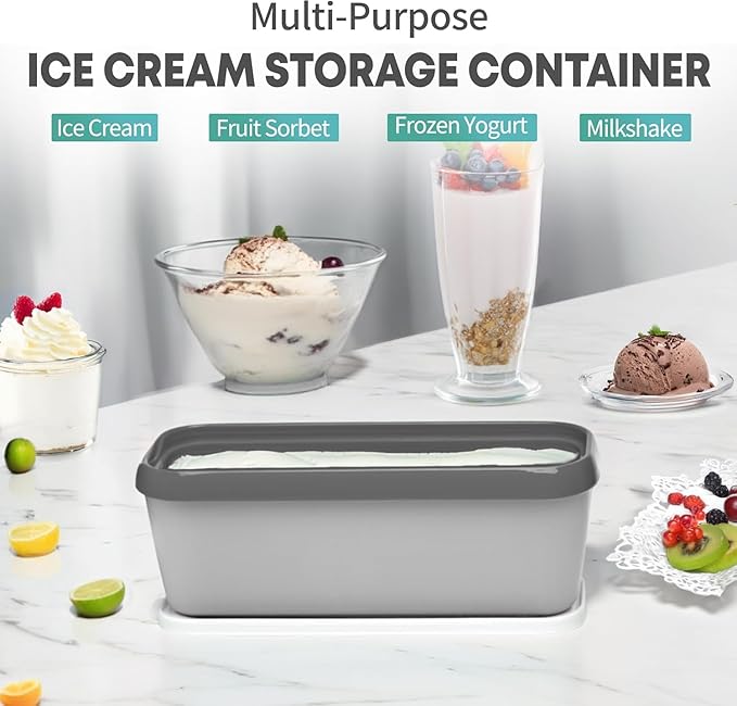 Ice Cream Storage Containers with Lids 2 PACK - 1.5 Quarts Homemade Ice Cream Tubs, Freezer Containers, Light Grey