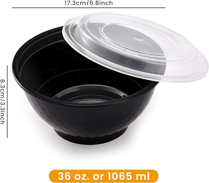 Kitch’nMore 36oz Extra-Thick Meal Prep Bowls with Lids, Plastic Containers with Clear Covers for Noodles, Poke Bowl, Salad, Soup - Freezer, Microwave & Dishwasher-Safe (30Pack)