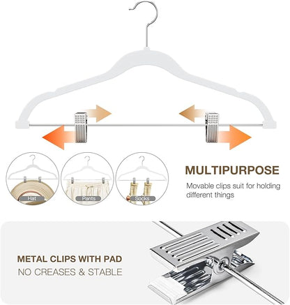 Korpai 36-Pack White Velvet Hangers with Clips Adjustable,Adult Hangers,Outfit Hanger,Heavy-Duty,Felt,Non-Slip,Space Saving, for Pants, Skirts, Suits,Coats, Dresses ect.