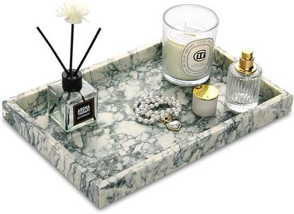 Marble Bathroom Vanity Tray, Natural Luxury Vanity Home Kitchen Bathroom Table Tray, Stone Decorative Countertop Dresser Trays for Key Coffee Perfume Jewelry Makeup (Green Texture, 12"x 8" x1.2")