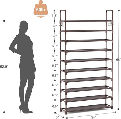 VTRIN 10 Tiers Shoe Rack Tall Large Capacity Wide Shoe Organizer Sturdy Shoe Shelf for Entryway with Two Hooks Metal Shoe Storage for Closet, Bedroom, Brown