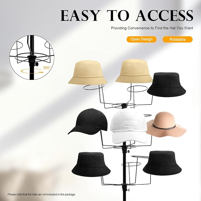 7-Tier Rotating Hat Rack with 4 Wheels, Large Capacity Storage for 35 Hats, Modern Display Stand with Brakes for Home Store Commercial Use, Metal Wig Holder for Cowboy Hats, Baseball Hats (Black)