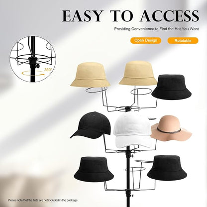 7-Tier Rotating Hat Rack with 4 Wheels, Large Capacity Storage for 35 Hats, Modern Display Stand with Brakes for Home Store Commercial Use, Metal Wig Holder for Cowboy Hats, Baseball Hats (Black)