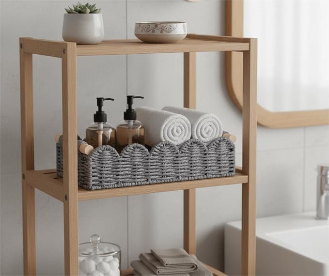 CubesLand Toilet Paper Storage Basket Organizer, Small Wicker Toilet Tank Top Decorative Baskets for Countertop, Handwoven Scalloped Basket w/handle for Home Decor, Living Room, Bedroom, Grey