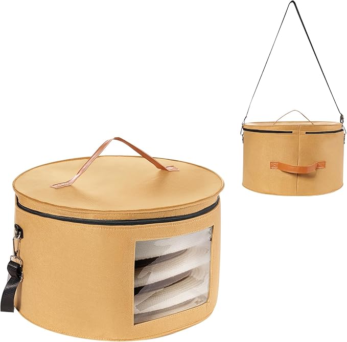 HEAVYWOOD Hat Box for Women Storage Travel Felt Hat Case for Wide-Brim Cowboy Hat Storage Foldable Organizer for Closet Large Round Hat Carrier with Portable Handle Shoulder Strap (Khaki)