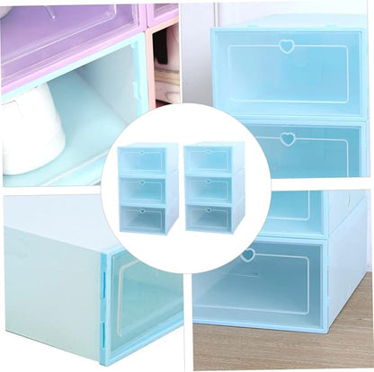 6pcs Transparent Clamshell Shoe Storage Box Capacity Organizer for Easy Access Plastic Design for Sneakers and Seasonal Footwear Heart Blue Color