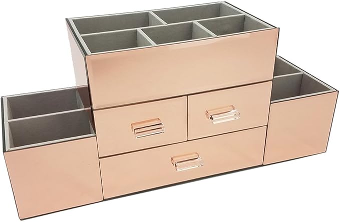 OnDisplay Amara 3 Drawer Tiered Mirrored Makeup/Jewelry Organizer - Glass Panel Organization Station for Cosmetics, Jewelry or Office/Desk Supplies