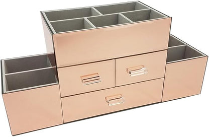 OnDisplay Amara 3 Drawer Tiered Mirrored Makeup/Jewelry Organizer - Glass Panel Organization Station for Cosmetics, Jewelry or Office/Desk Supplies